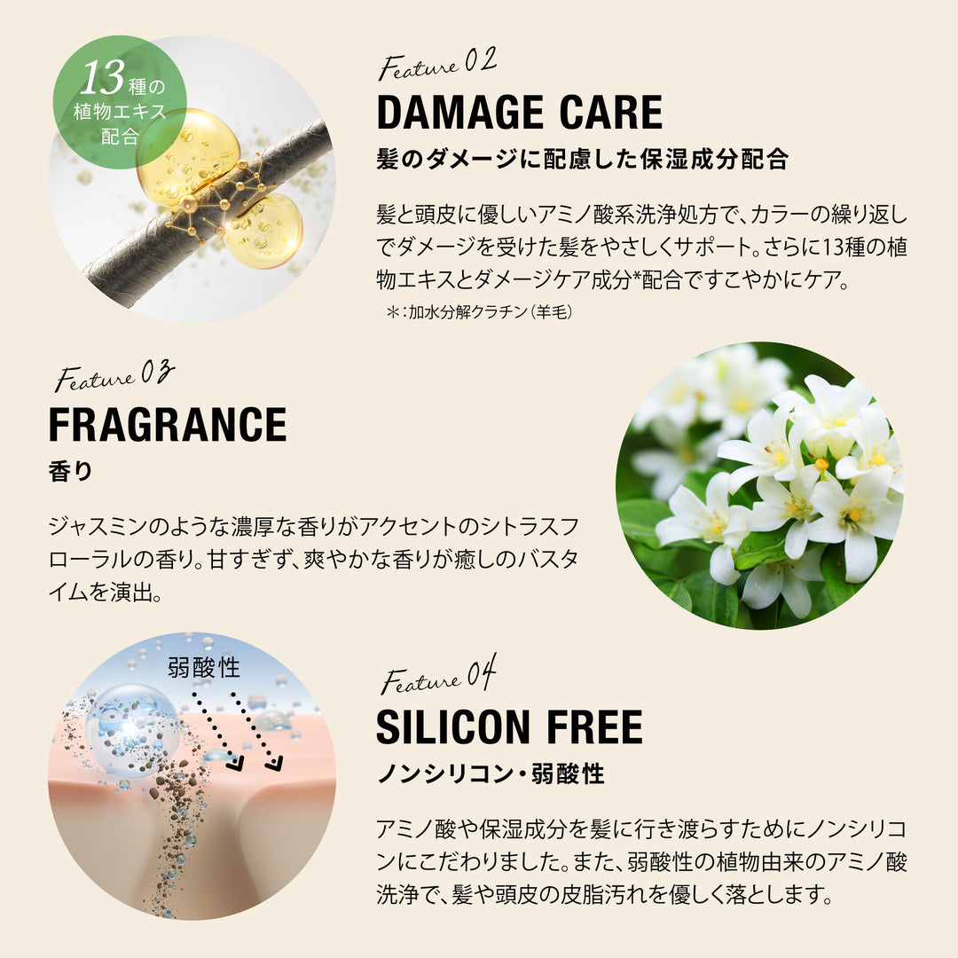 特徴２：髪のダメージに配慮した保湿成分配合。特徴３：甘すぎず、爽やかな癒しの香り。特徴４：こだわりのノンシリコン・弱酸性。