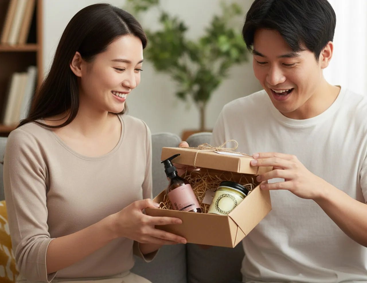 女性が男性にヘアケア商品をプレゼントしている